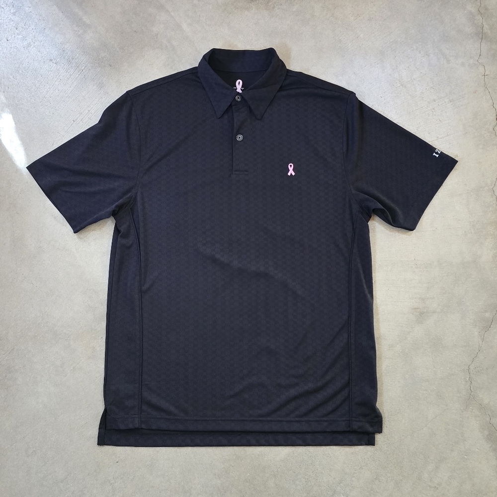IZOD Men's black Shortsleeve polo with pink embroidered Cancer logo Small